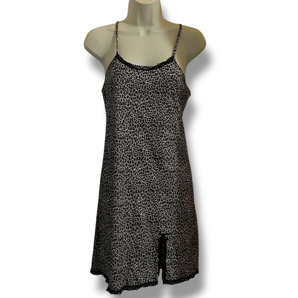 Leopard Print Vintage Slip Dress with Lace Trim Small